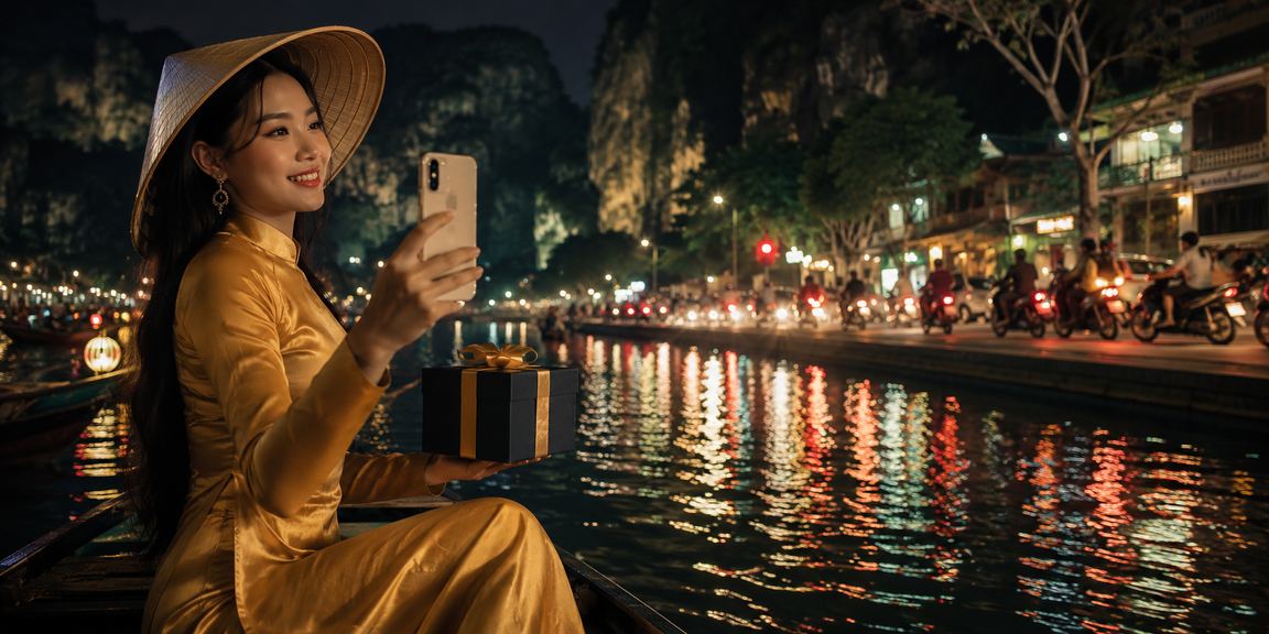 Cảnh đêm Ninh Bình với ánh đèn neon và không khí giải trí VIP trực tuyến